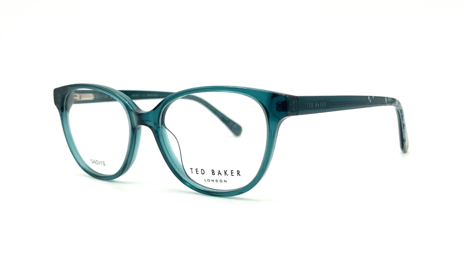 A pair of Ted Baker London eyeglasses in a translucent teal acetate, featuring a thick full-rim frame and matching temples, shown on a clean white background.