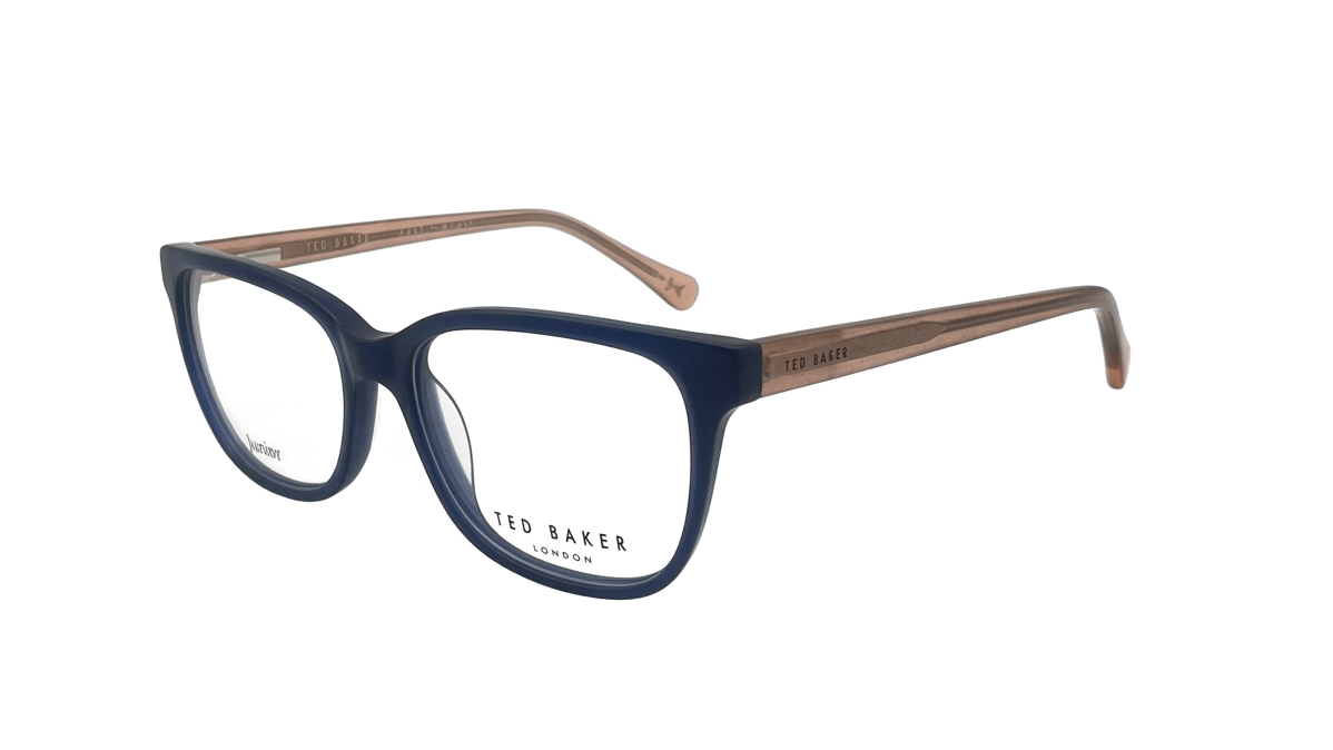 A pair of Ted Baker eyeglasses featuring a navy blue acetate front frame and warm brown wood-grain temples, shown on a plain white background.