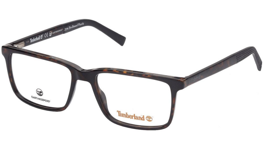 Timberland rectangular eyeglasses in a dark brown and black tortoiseshell acetate frame, featuring the Timberland logo on the lower right lens.