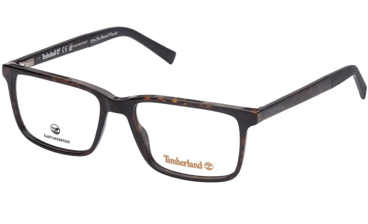 Timberland rectangular eyeglasses in a dark brown and black tortoiseshell acetate frame, featuring the Timberland logo on the lower right lens.