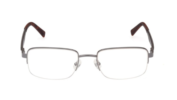 A pair of rimless rectangular eyeglasses with a thin silver metal frame and dark brown temple tips, shown against a plain white background.