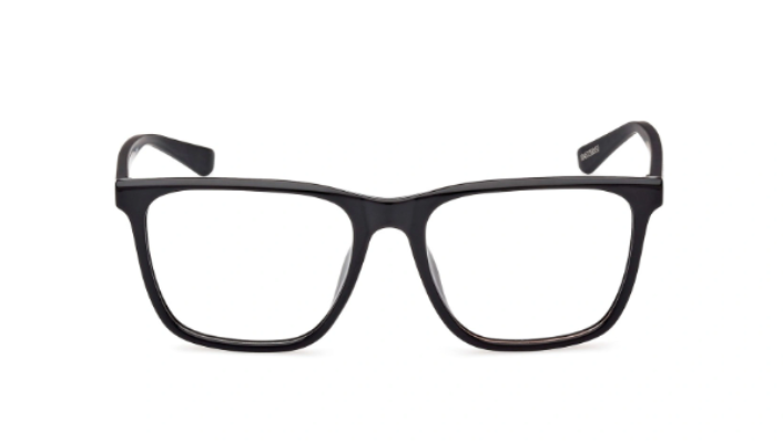 Black rectangular eyeglasses with thick frames and clear lenses, shown from the front on a plain white background.