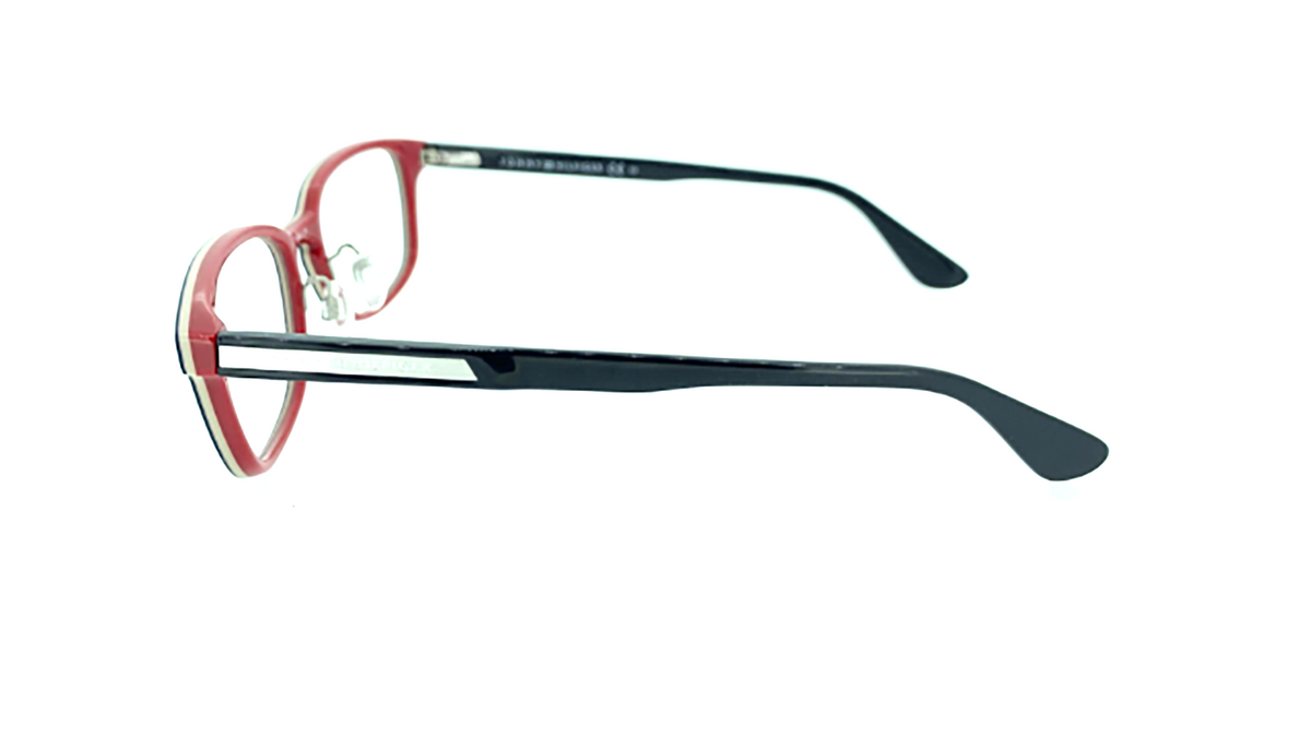 A pair of eyeglasses with a red acetate front frame and black temples, shown from a side profile on a plain white background.