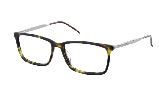 A pair of eyeglasses featuring a dark brown and amber tortoiseshell acetate frame with silver metal temples, shown against a plain white background.