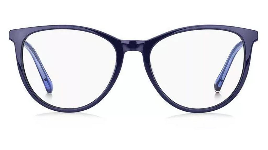 Oversized round eyeglasses with a dark navy blue acetate frame and clear lenses, shown from the front on a white background.