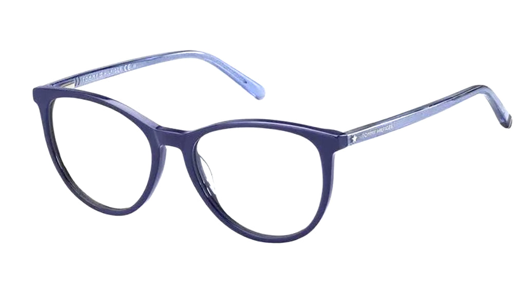 A pair of round-frame eyeglasses with a translucent dark blue acetate frame and light blue temples, shown on a plain white background.