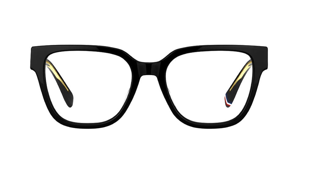 Black square eyeglass frames with clear lenses and small gold, red, and blue accent details on the inner temples, shown against a plain white background.