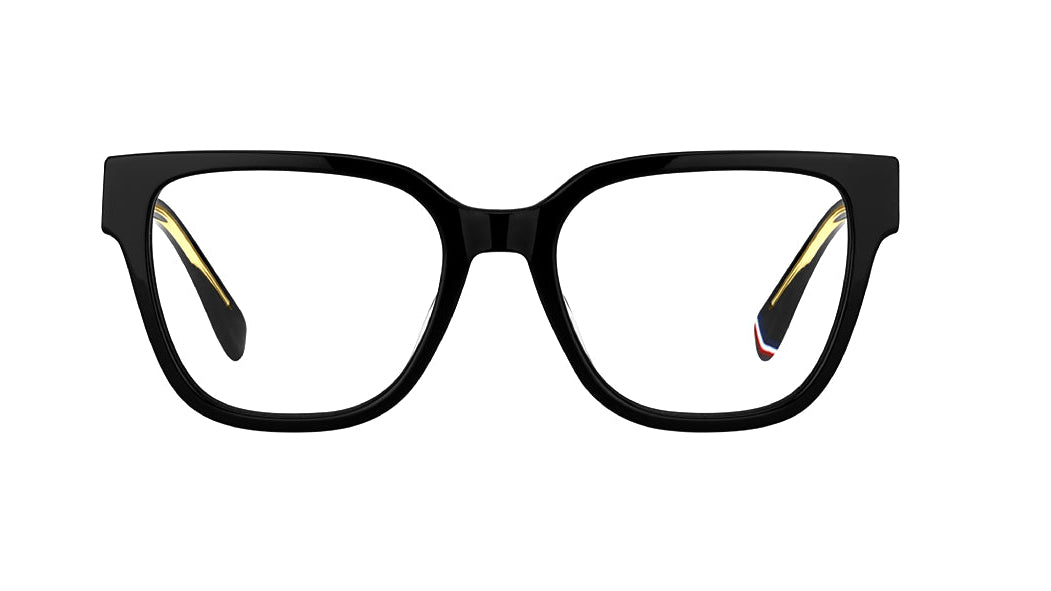Black square eyeglass frames with clear lenses and small gold, red, and blue accent details on the inner temples, shown against a plain white background.