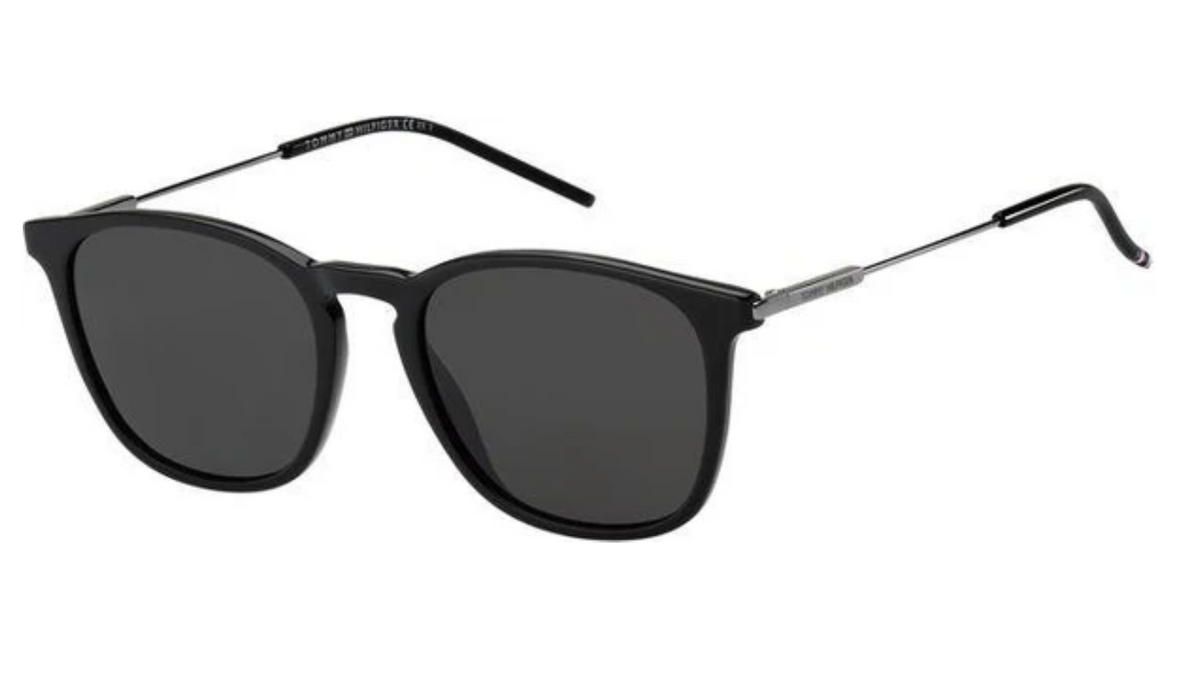 Black sunglasses with dark lenses and thin silver metal temples, shown on a plain white background.