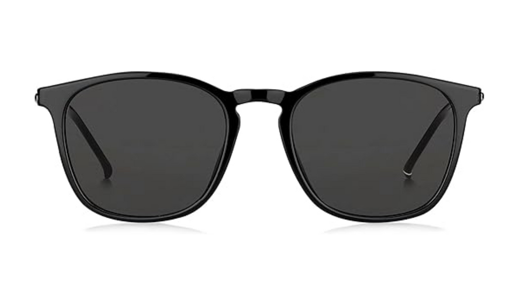 Black square sunglasses with dark gray lenses, shown from the front on a white background.