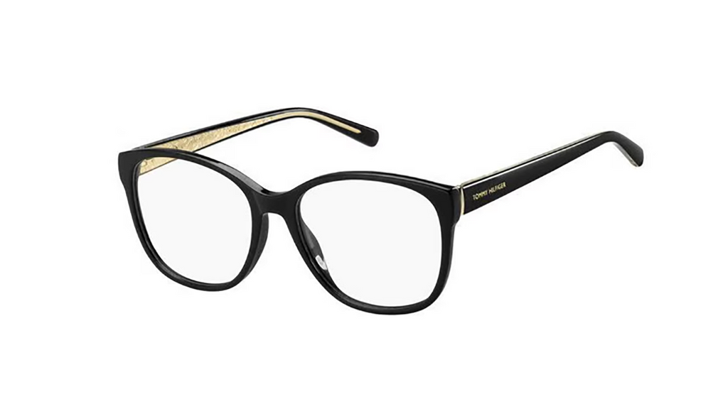 Black cat-eye eyeglasses with gold inner temple accents and gold lettering on the side arms, shown against a plain white background.