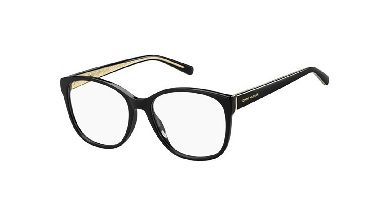 Black cat-eye eyeglasses with gold inner temple accents and gold lettering on the side arms, shown against a plain white background.