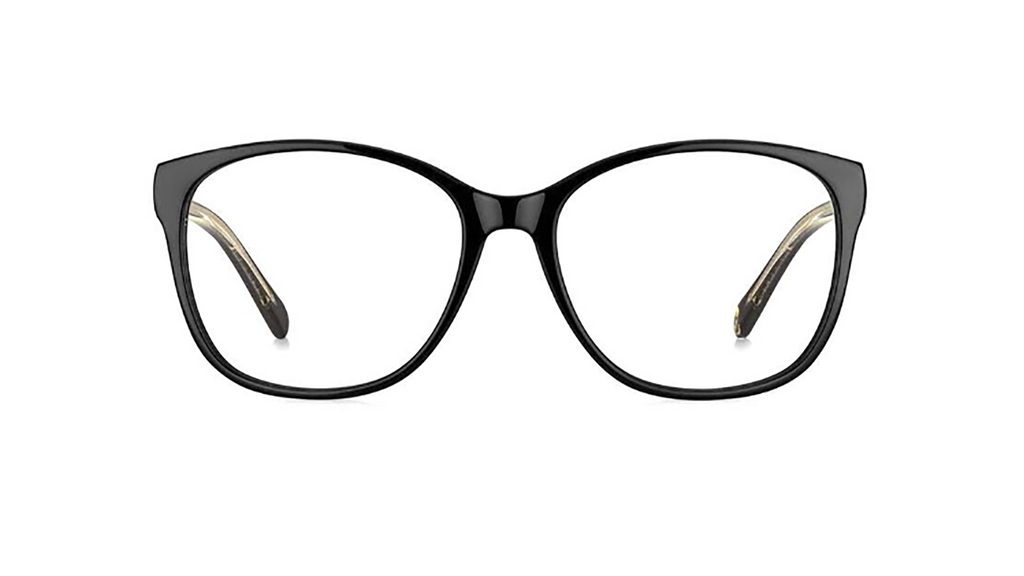 Black cat-eye eyeglasses with clear lenses and gold-toned inner temple tips, shown against a plain white background.