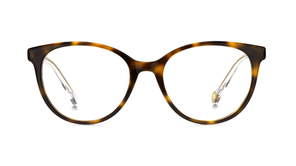 Tortoiseshell eyeglasses with a rounded, slightly cat-eye shape, shown from the front on a solid white background.
