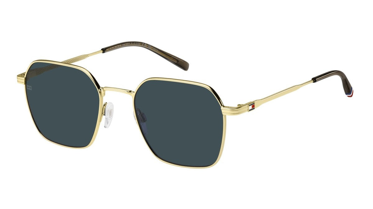 Gold-framed sunglasses with dark lenses on a white background