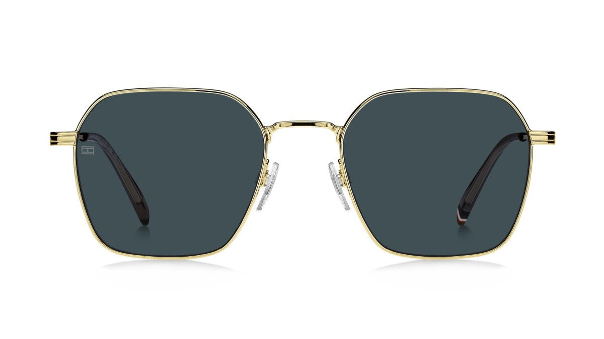 Gold-framed sunglasses with dark lenses on a white background