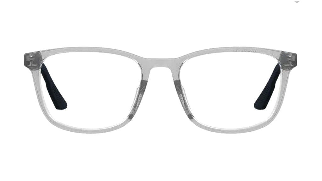 Clear acetate eyeglasses with a thick square frame and black temple tips, shown from the front on a white background.