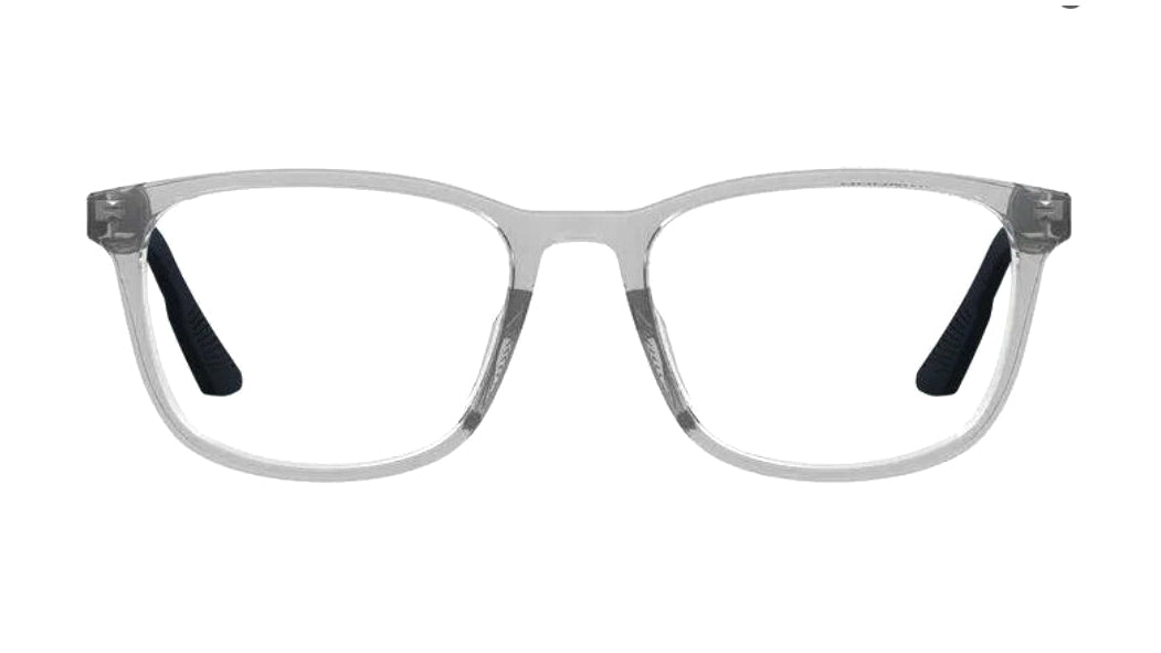 Clear acetate eyeglasses with a thick square frame and black temple tips, shown from the front on a white background.