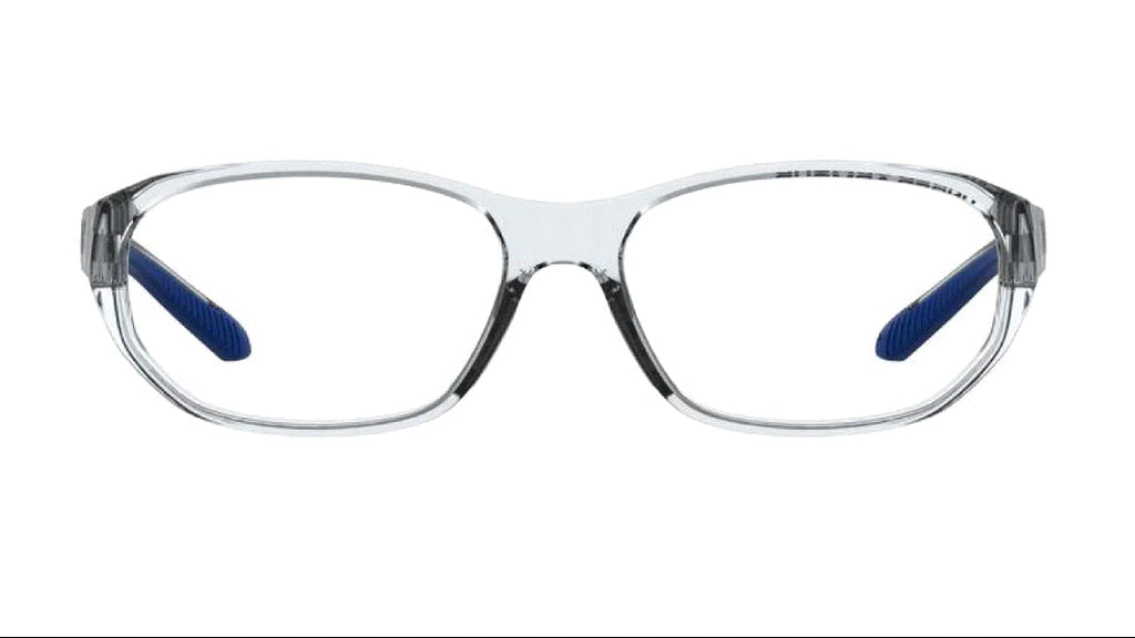 Clear plastic eyeglass frames with blue temple tips, shown from the front on a white background.