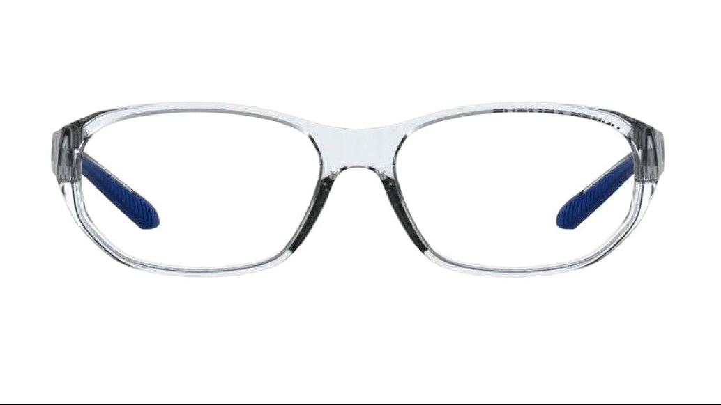 Clear plastic eyeglass frames with blue temple tips, shown from the front on a white background.