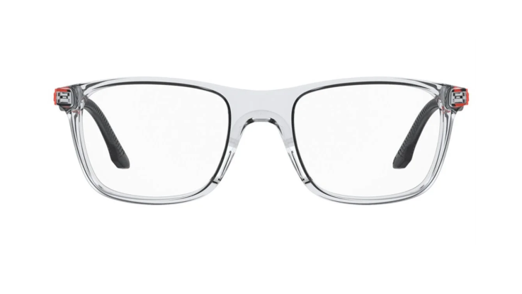 Clear acetate eyeglass frames with clear lenses, featuring small red and black decorative accents on the temples, shown against a plain white background.