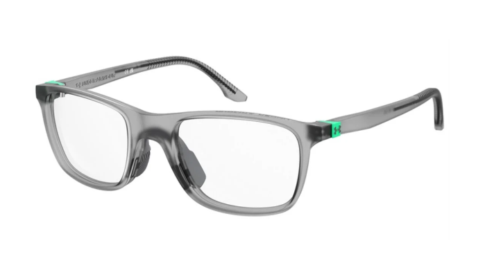 Gray translucent rectangular eyeglasses with clear lenses and small green accents on the temples, shown against a plain white background.
