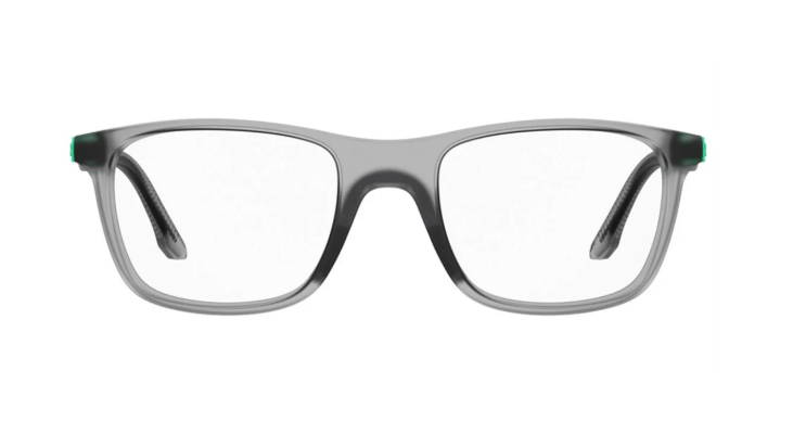 Gray translucent acetate eyeglass frames with clear lenses and small green temple tips, shown from the front on a white background.