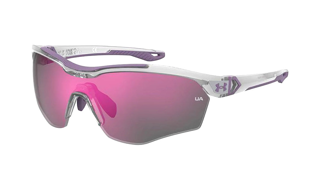 Gray sports half rim sunglass with purple lens