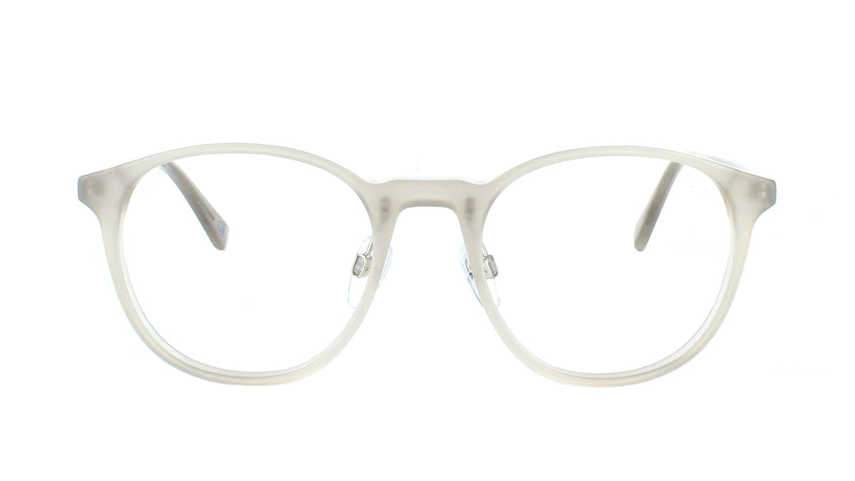 A pair of round eyeglasses with a translucent, frosted off-white acetate frame and clear lenses, shown against a solid white background.