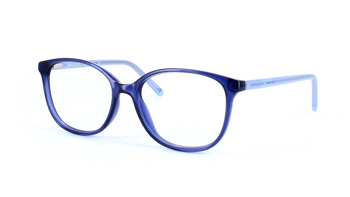 Oversized round eyeglasses with a translucent dark blue front frame and light blue temples, shown on a clean white background.