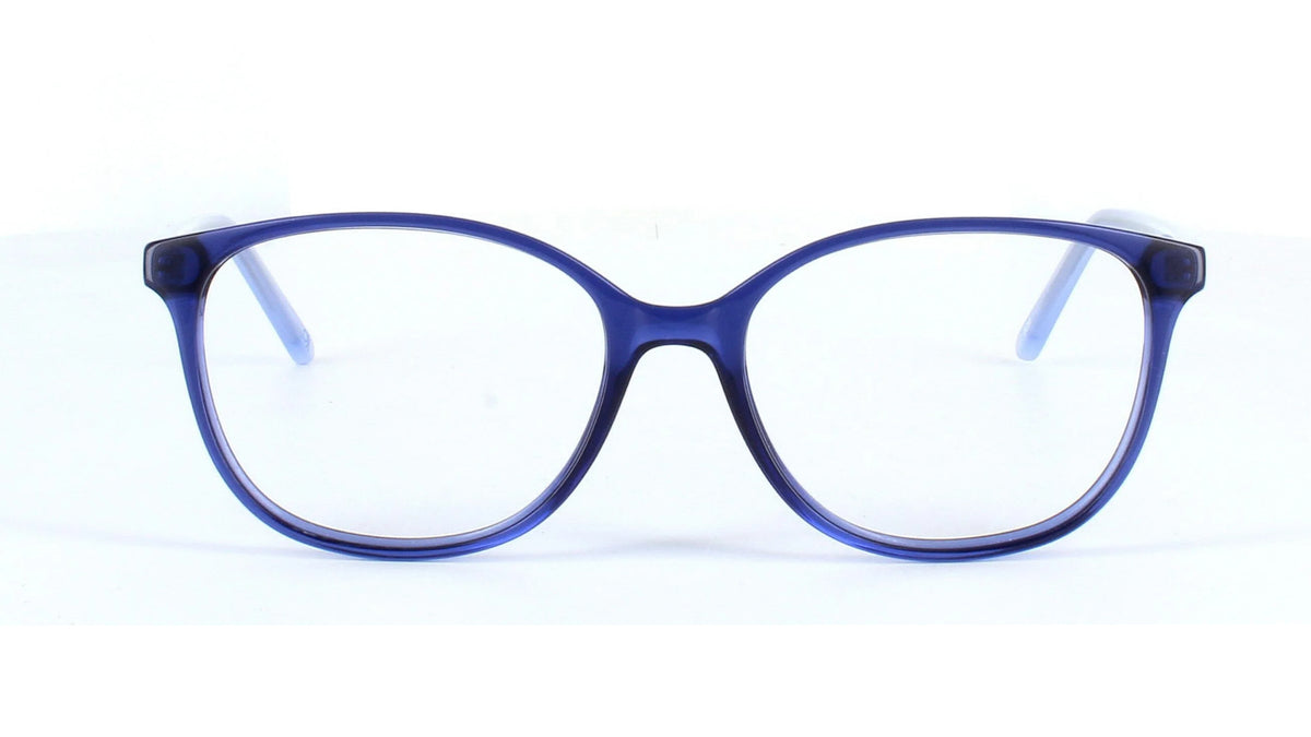 A pair of oversized cat-eye eyeglasses with a translucent dark blue acetate frame and clear lenses, shown against a plain white background.