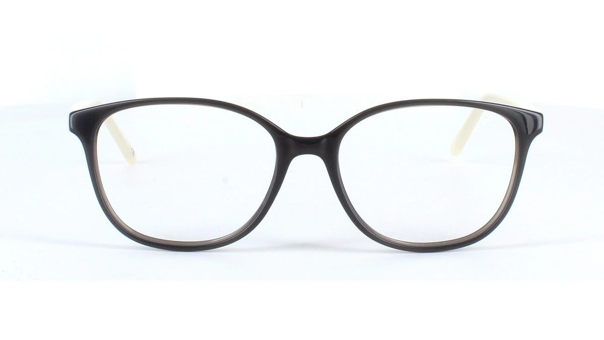 Oversized round eyeglasses with a glossy black acetate frame and clear lenses, shown against a plain white background.