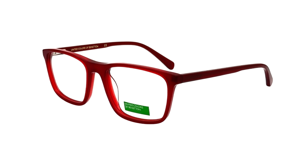 Red acetate square eyeglasses with clear lenses and a small green sticker on the lower right lens, shown on a plain white background.