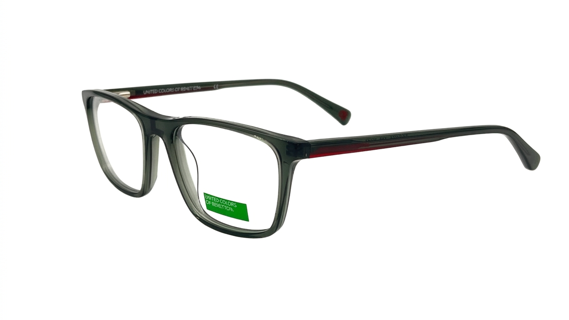 A pair of square-frame eyeglasses with a translucent dark gray-green acetate frame and a thin red accent line along the temple arm, shown on a plain white background.