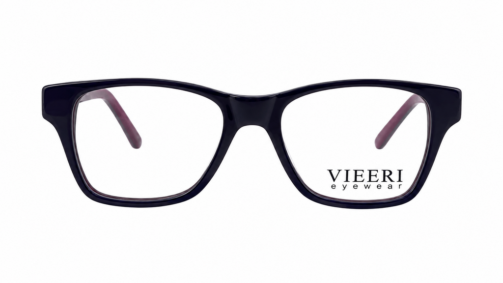 A pair of VIEERI eyewear in a glossy black rectangular frame with clear lenses and light pink inner temple tips, shown against a plain white background.