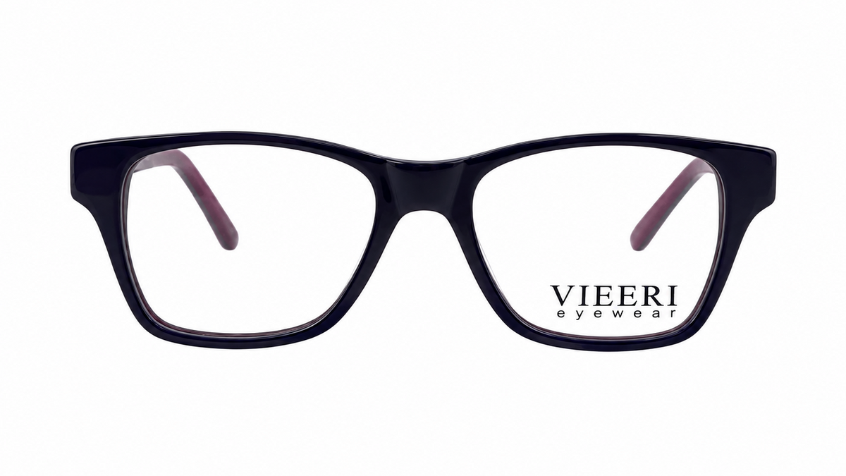 A pair of VIEERI eyewear in a glossy black rectangular frame with clear lenses and light pink inner temple tips, shown against a plain white background.