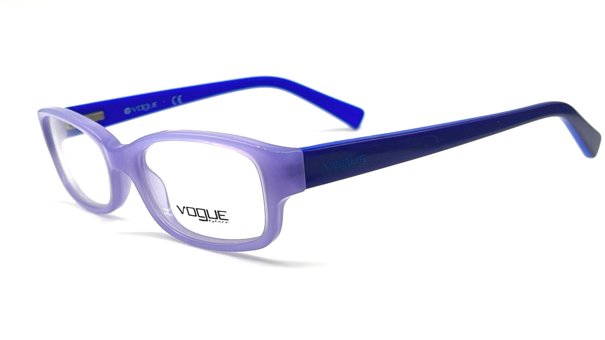 Vogue eyeglasses featuring a translucent purple front frame and vibrant blue temples, shown on a clean white background.