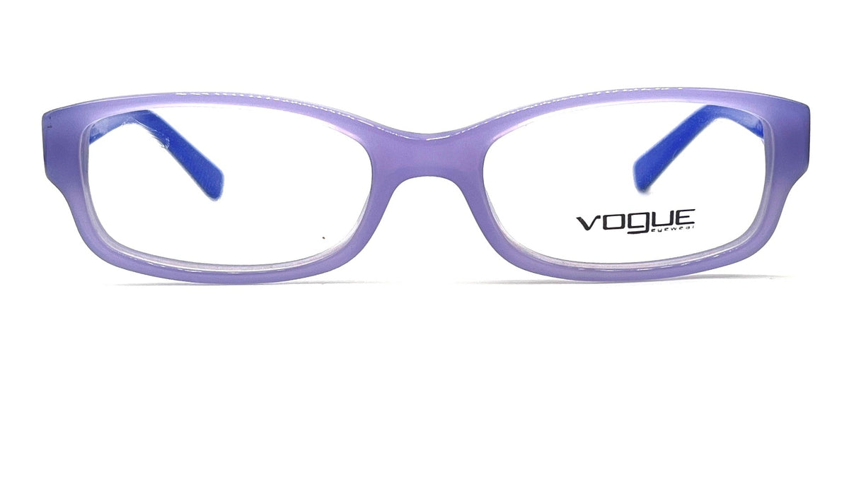 Vogue Optics eyeglasses with a translucent purple frame and blue temple tips, shown against a plain white background.