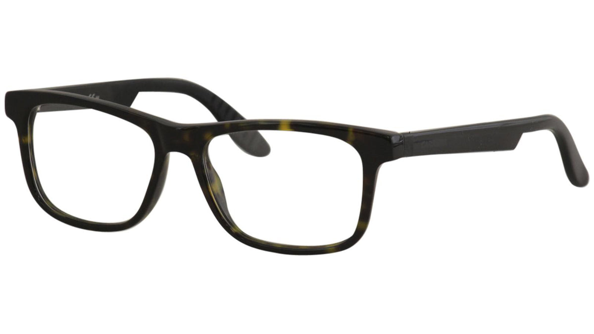 A pair of square-frame eyeglasses with a dark brown and black tortoiseshell acetate frame and clear lenses, shown on a plain white background.