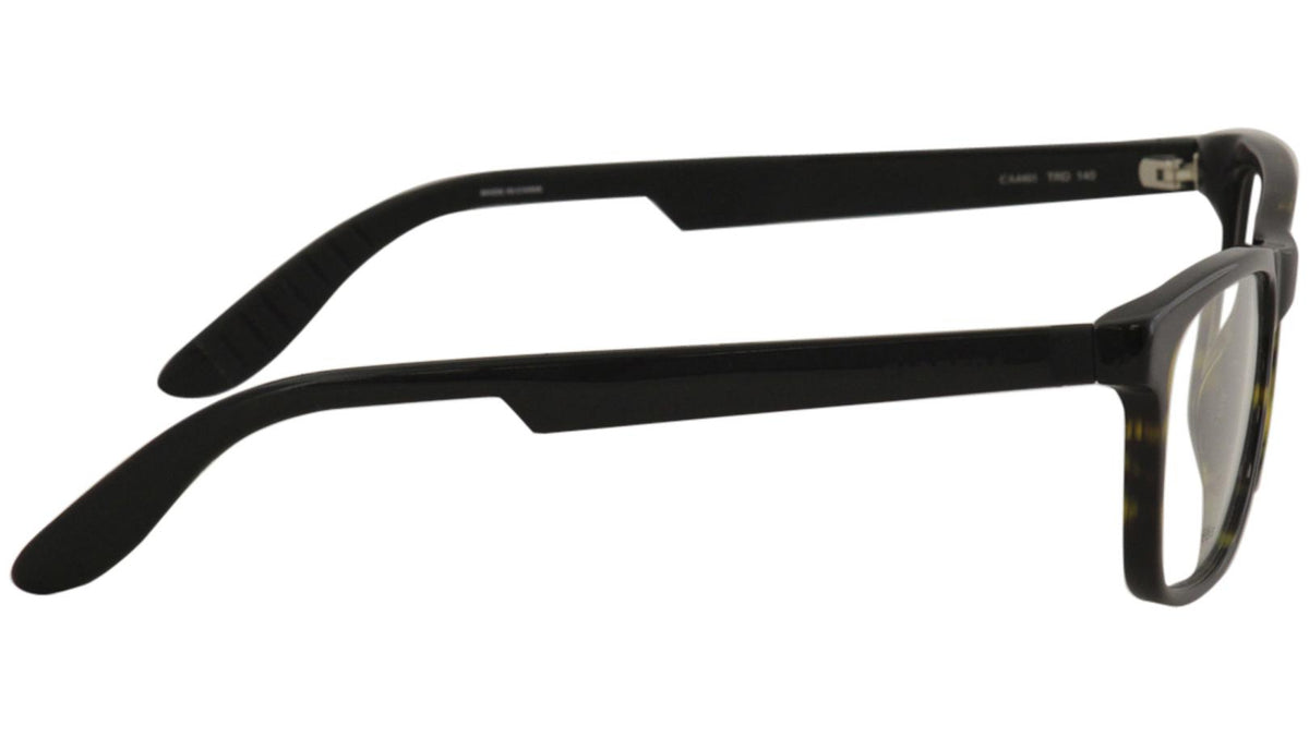 A pair of eyeglasses with a thick black acetate frame and tortoiseshell-patterned temples, shown from a side profile view against a white background.