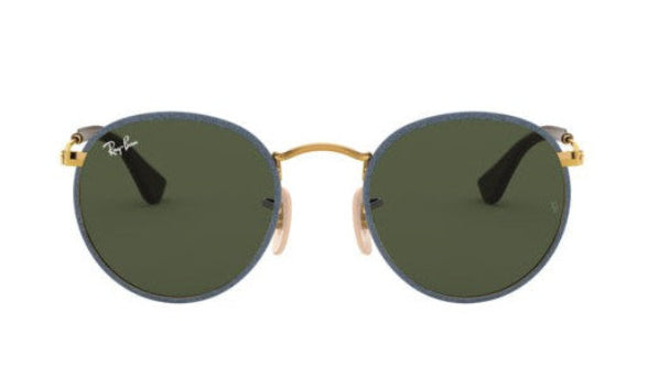 round sunglasses with dark green lenses and a gold metal frame, shown against a plain white background.